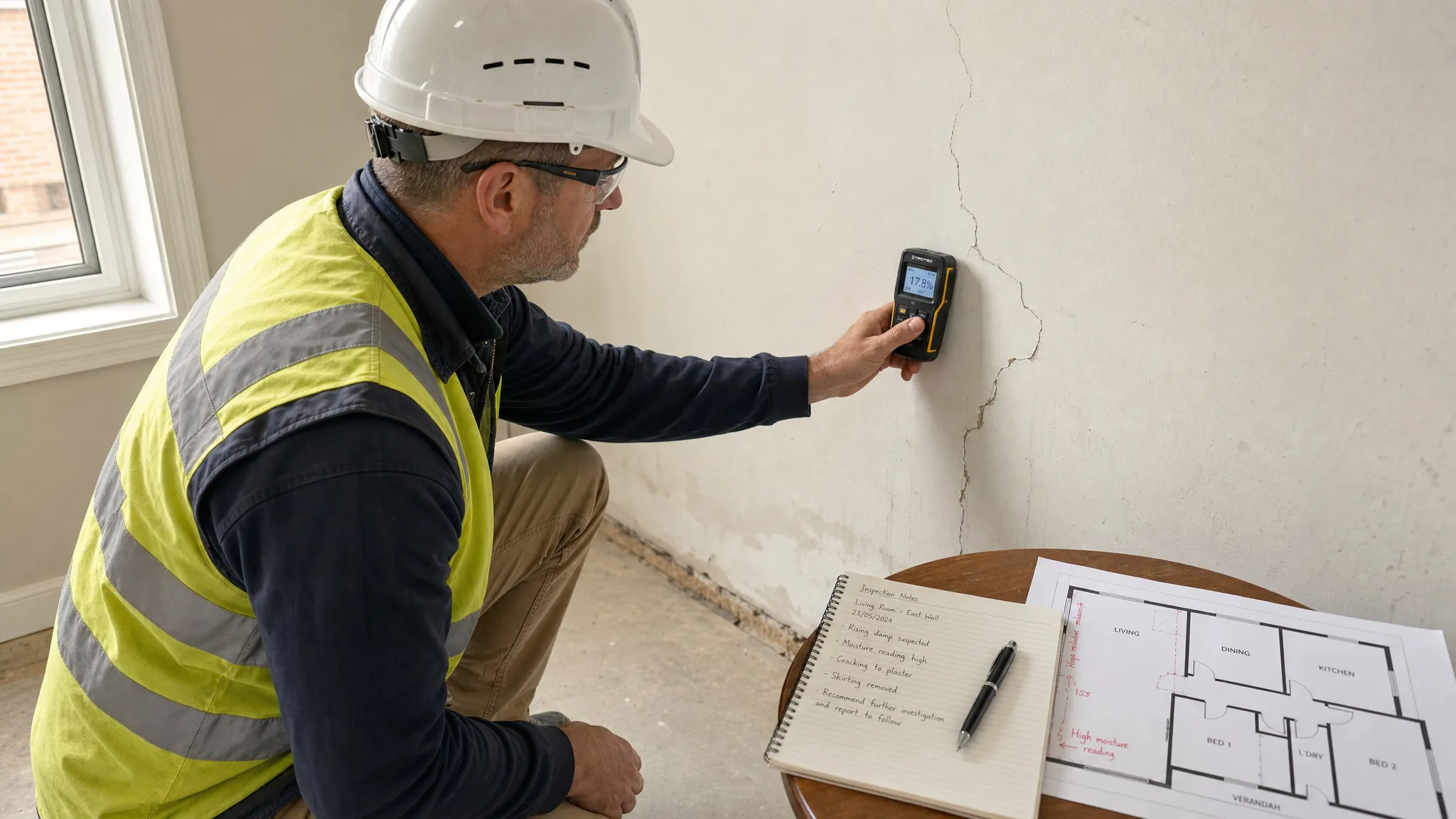 A construction defect expert in protective workwear uses a moisture meter on an interior wall while inspecting nearby cracking, with inspection notes and a floor plan on a small table.