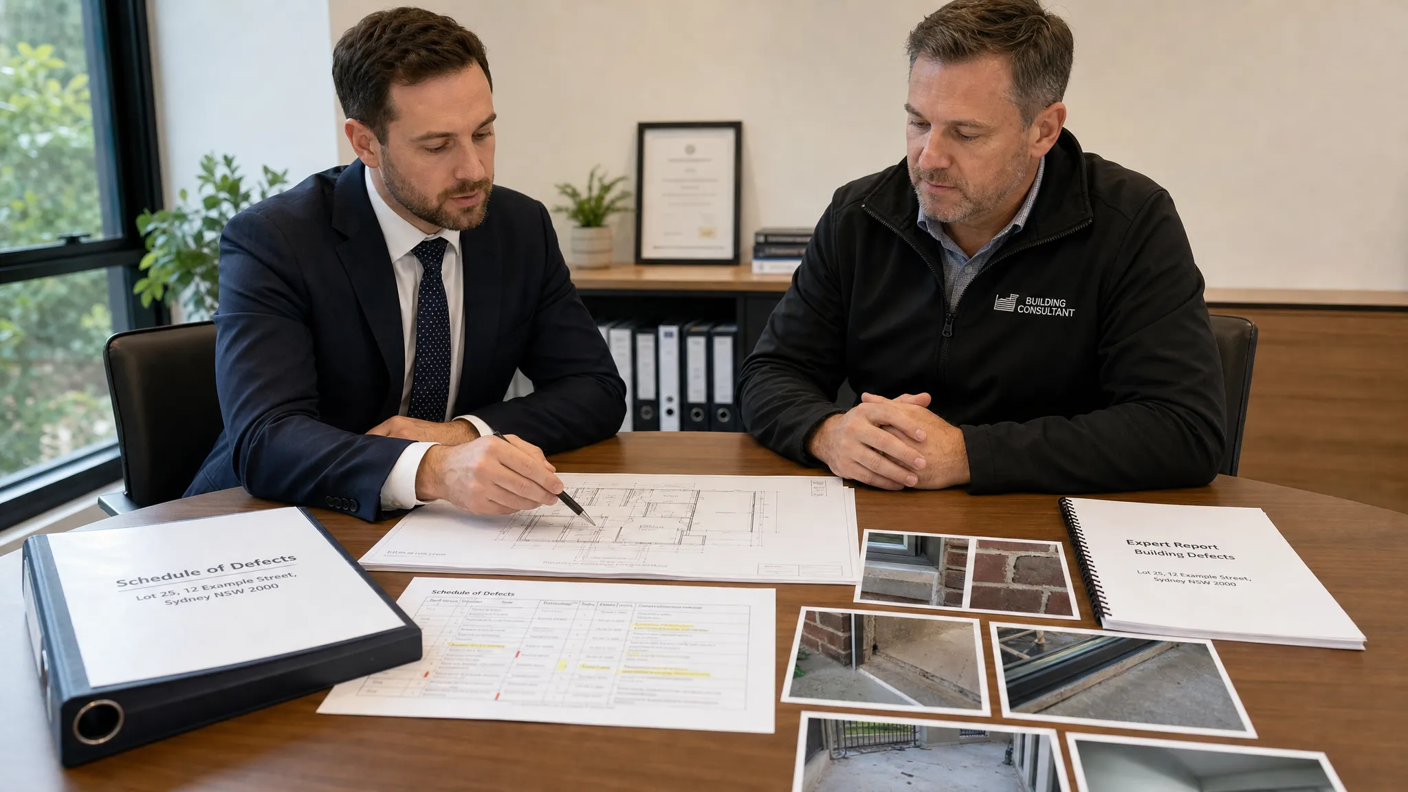 A construction dispute solicitor and an independent building consultant review printed building plans, defect photographs and a marked-up schedule on a meeting table, with residential construction documents arranged neatly for a NSW building dispute conference.
