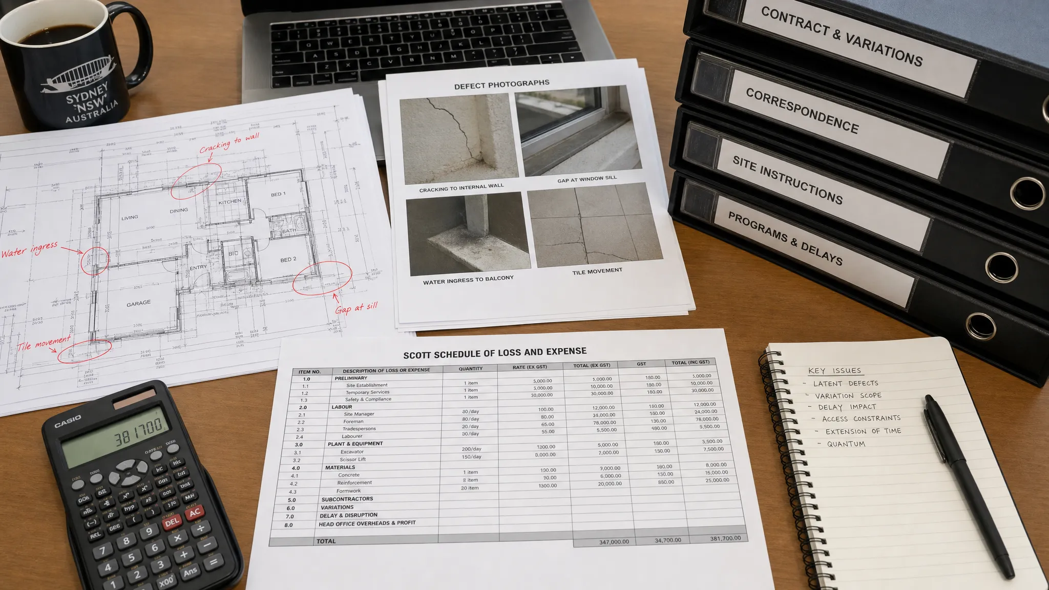 A desk prepared for a NSW construction dispute review, showing printed building plans, marked defect photographs, a spreadsheet-style Scott Schedule, a calculator and organised folders of evidence.