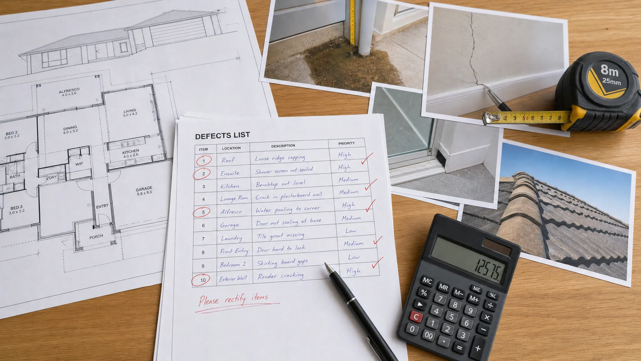 A desktop with printed building plans, a marked-up defects list, construction photographs, a measuring tape and a calculator arranged for reviewing a building dispute.