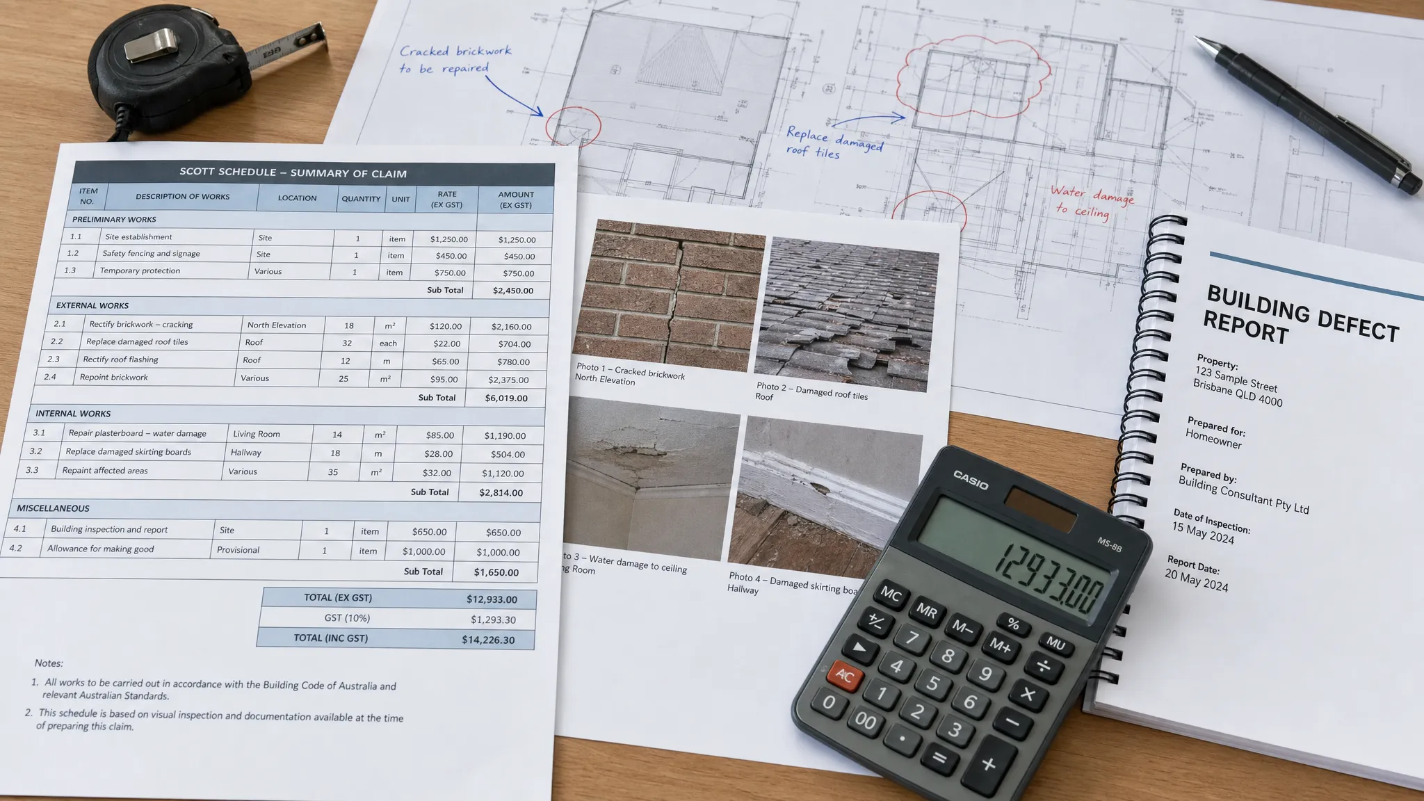 A neatly organised building dispute Scott Schedule on a desk beside marked-up construction plans, inspection photos, a calculator and a building defect report, showing a structured approach to evidence and costing.