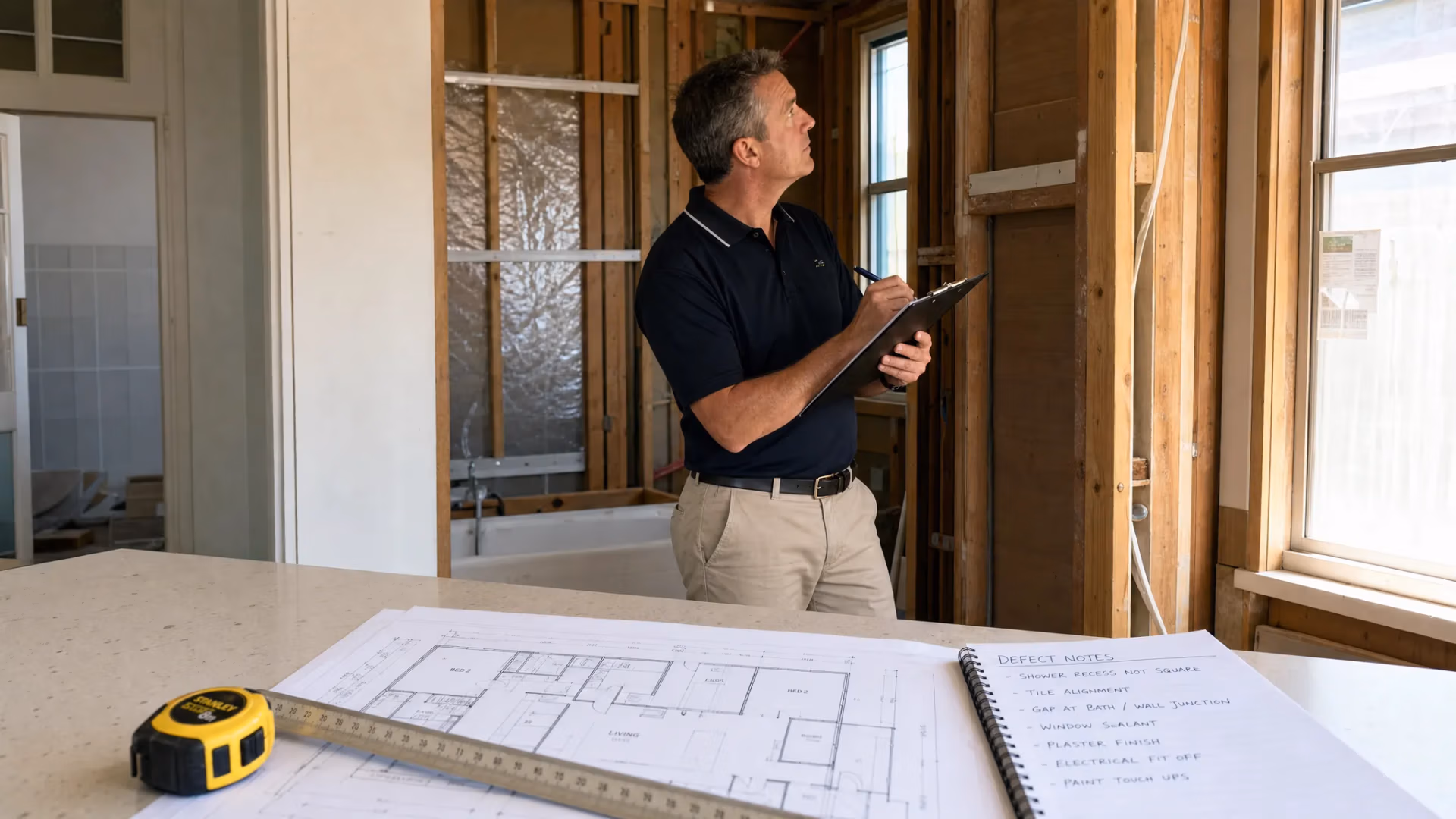 An independent building consultant inspecting a partially completed residential renovation in New South Wales, with building plans, a measuring tool, and marked defect notes visible on a clean work surface nearby.