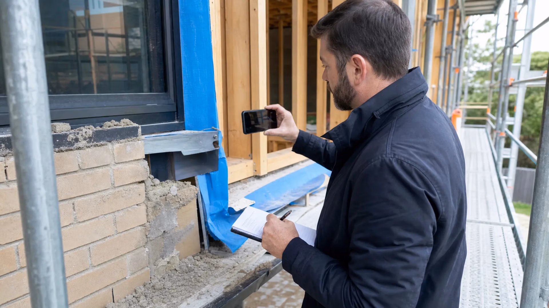 An independent building consultant inspecting a residential construction site, reviewing visible defects, taking notes and photographing building work for a dispute report.