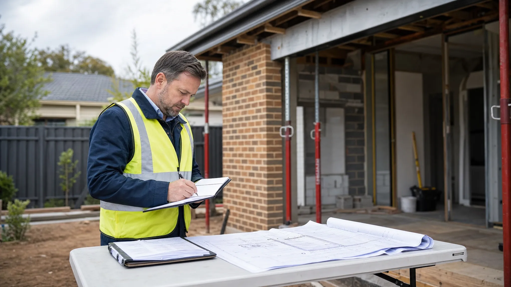 An independent building consultant inspecting visible building work on a residential site, taking notes beside open plans and documents laid out on a portable table.
