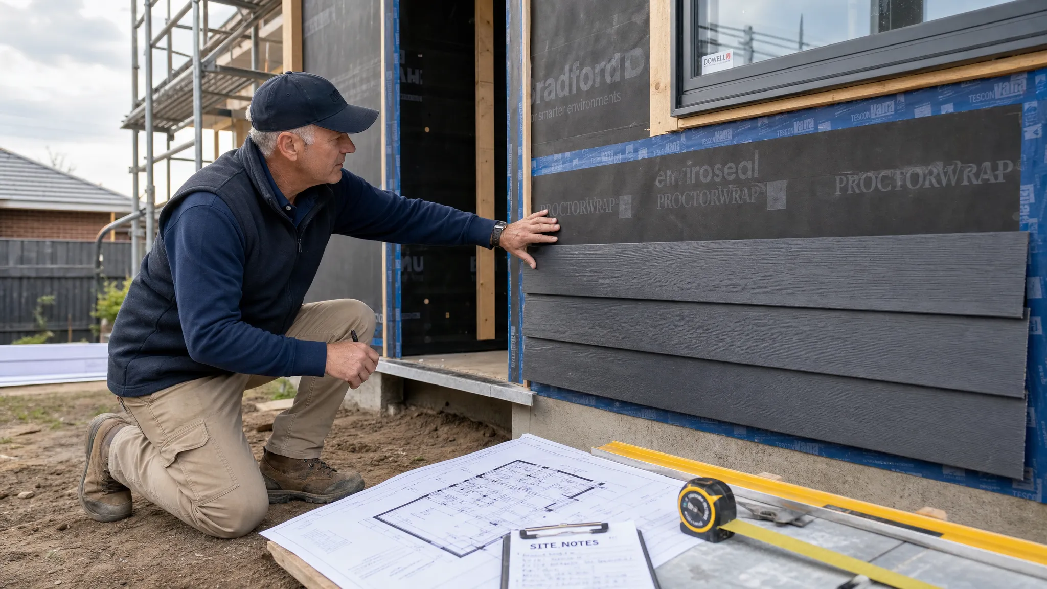 An independent building expert inspecting exterior wall cladding and waterproofing details at a residential construction site, with marked plans, a measuring tool and site notes visible nearby.