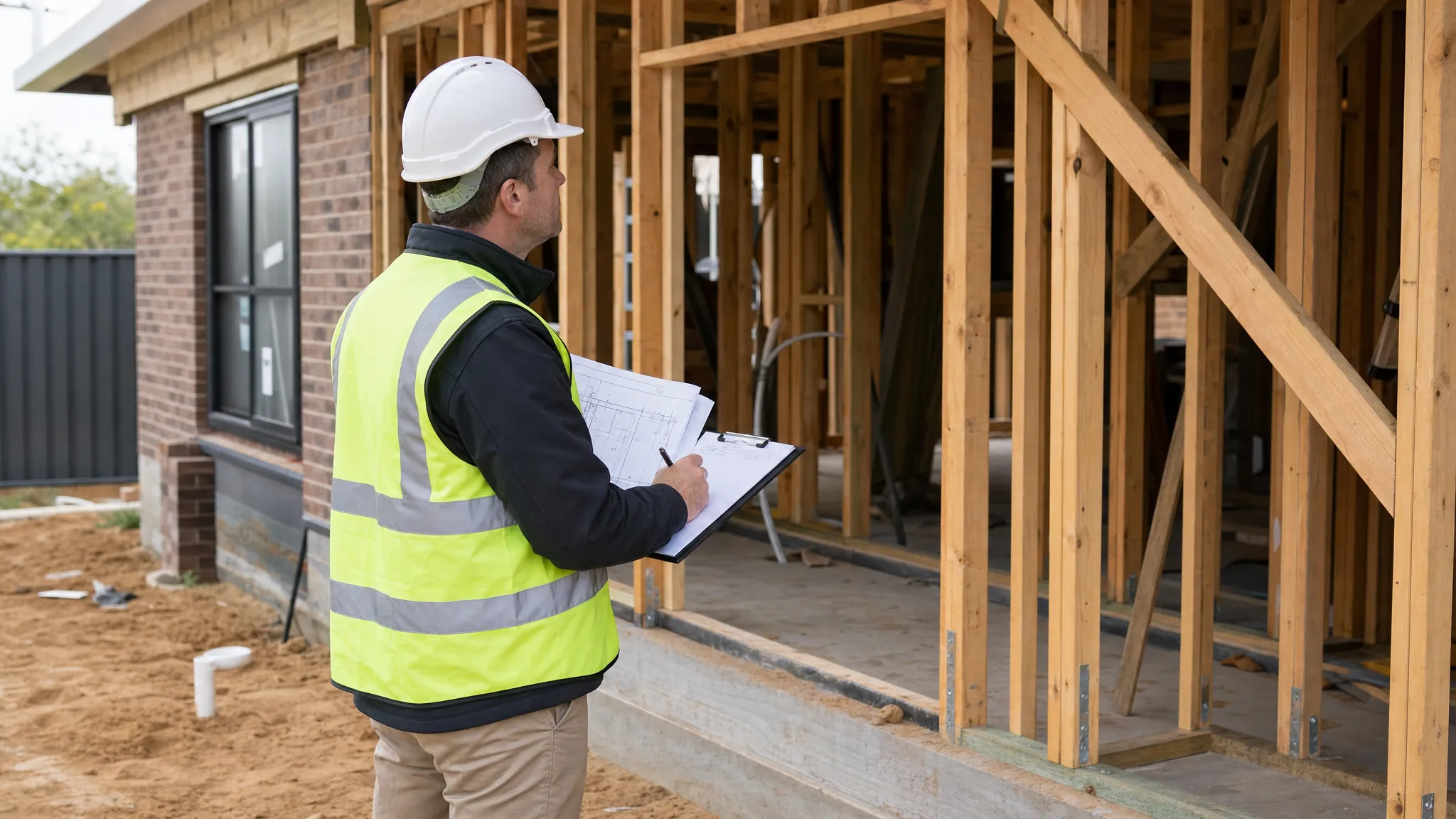 An independent construction consultant examining a partially completed residential building site, holding plans and taking notes while checking workmanship and visible construction details beside the frame.