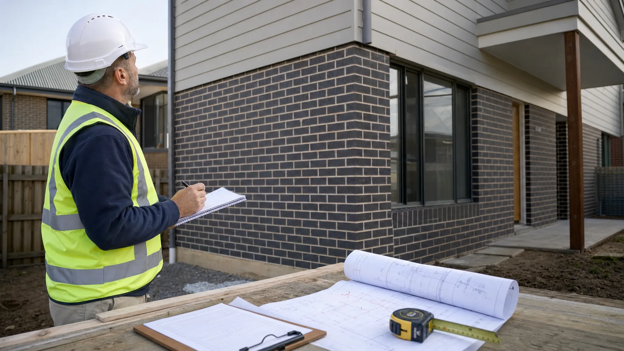 An independent construction consultant inspecting a residential building exterior with notes in hand, while a clipboard, measuring tape and marked construction documents rest on a nearby outdoor workbench.
