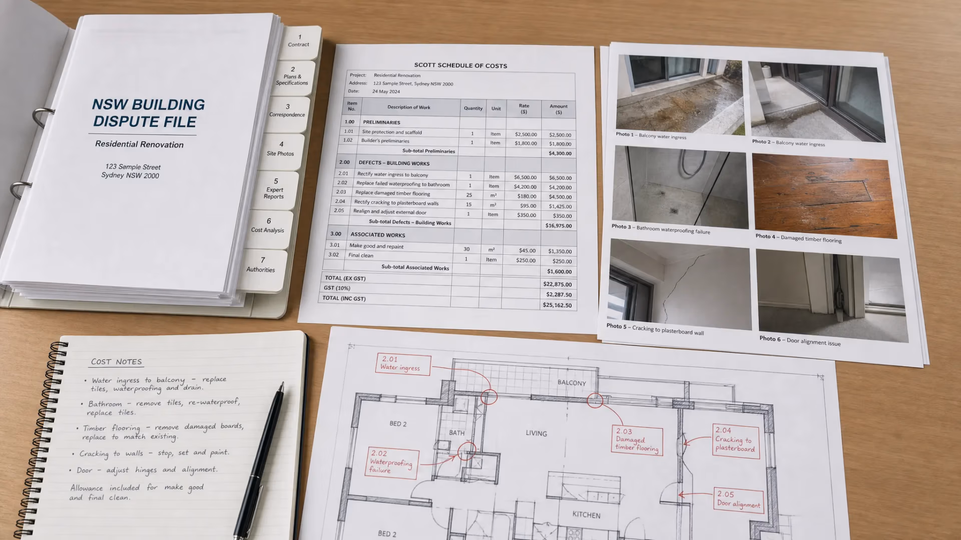 An organised NSW building dispute file showing a Scott Schedule table on a desk beside site inspection photos, marked-up plans and cost notes for defects in a residential renovation.