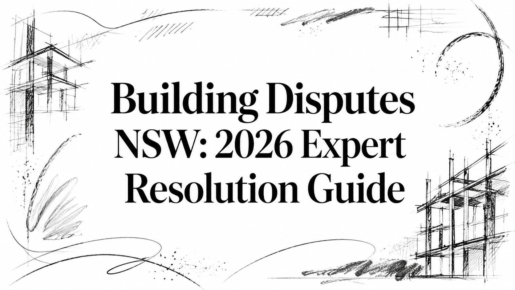 Title slide reading 'Building Disputes NSW: 2026 Expert Resolution Guide' with rough architectural sketches around the edges
