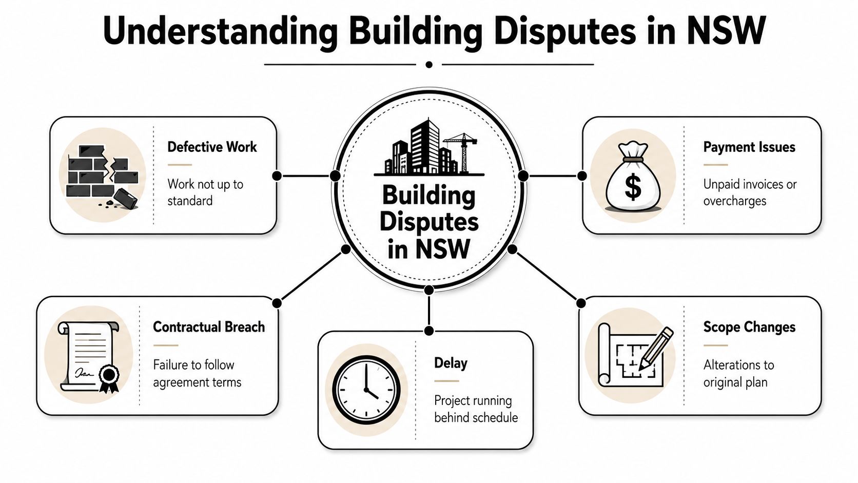 A diagram illustrating common reasons for building disputes in New South Wales, including defects, payments, and delays.