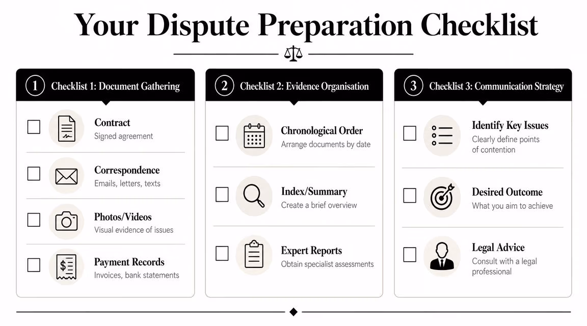 A visual checklist guide for organizing evidence and documentation for resolving building disputes and legal conflicts.