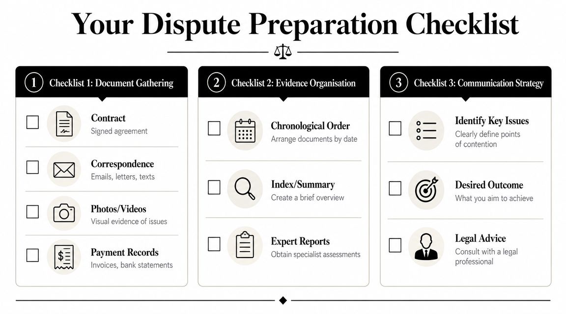 A visual checklist guide for organizing evidence and documentation for resolving building disputes and legal conflicts.