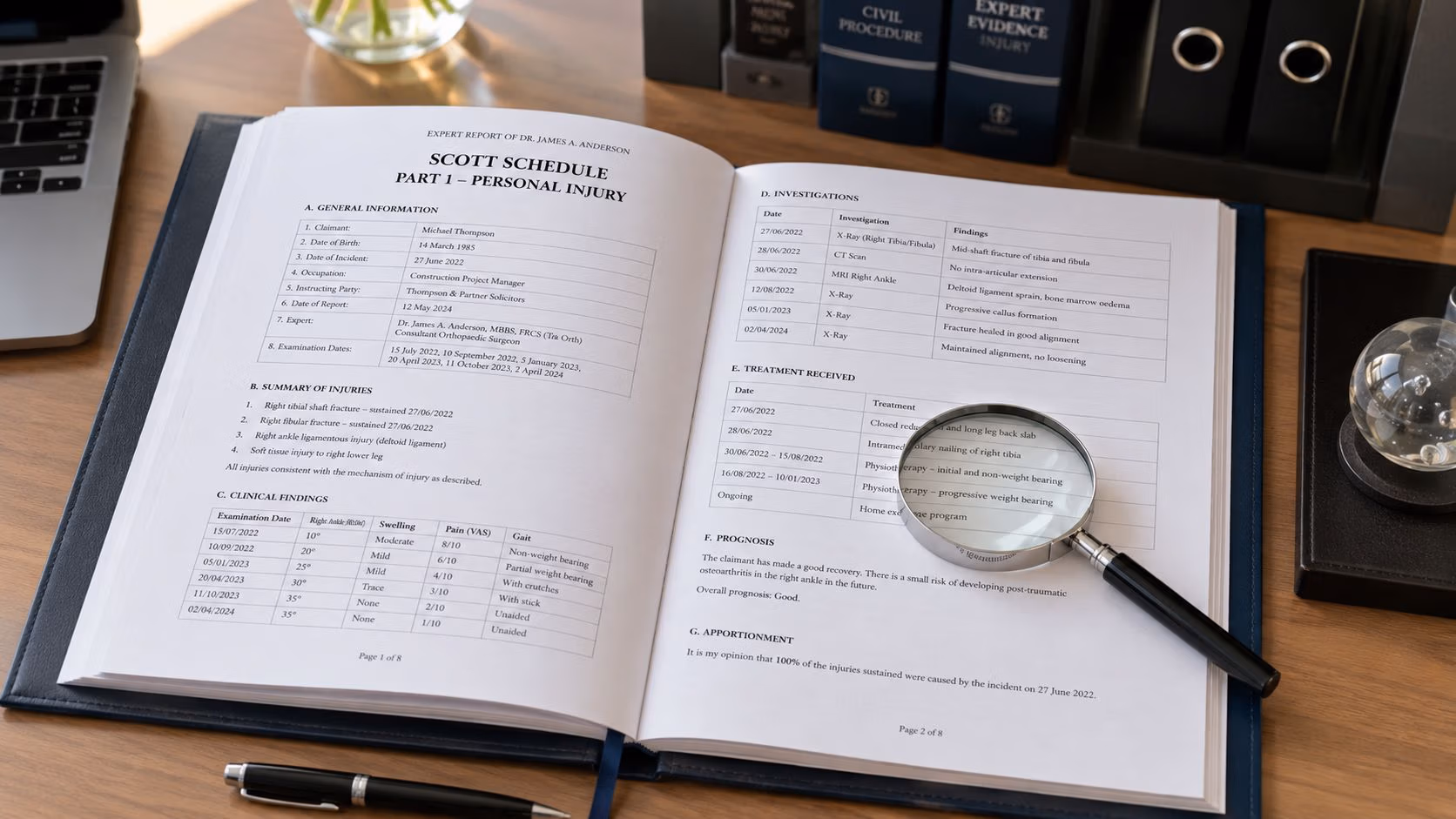 A professional medical expert report document resting on a wooden desk with a magnifying glass.