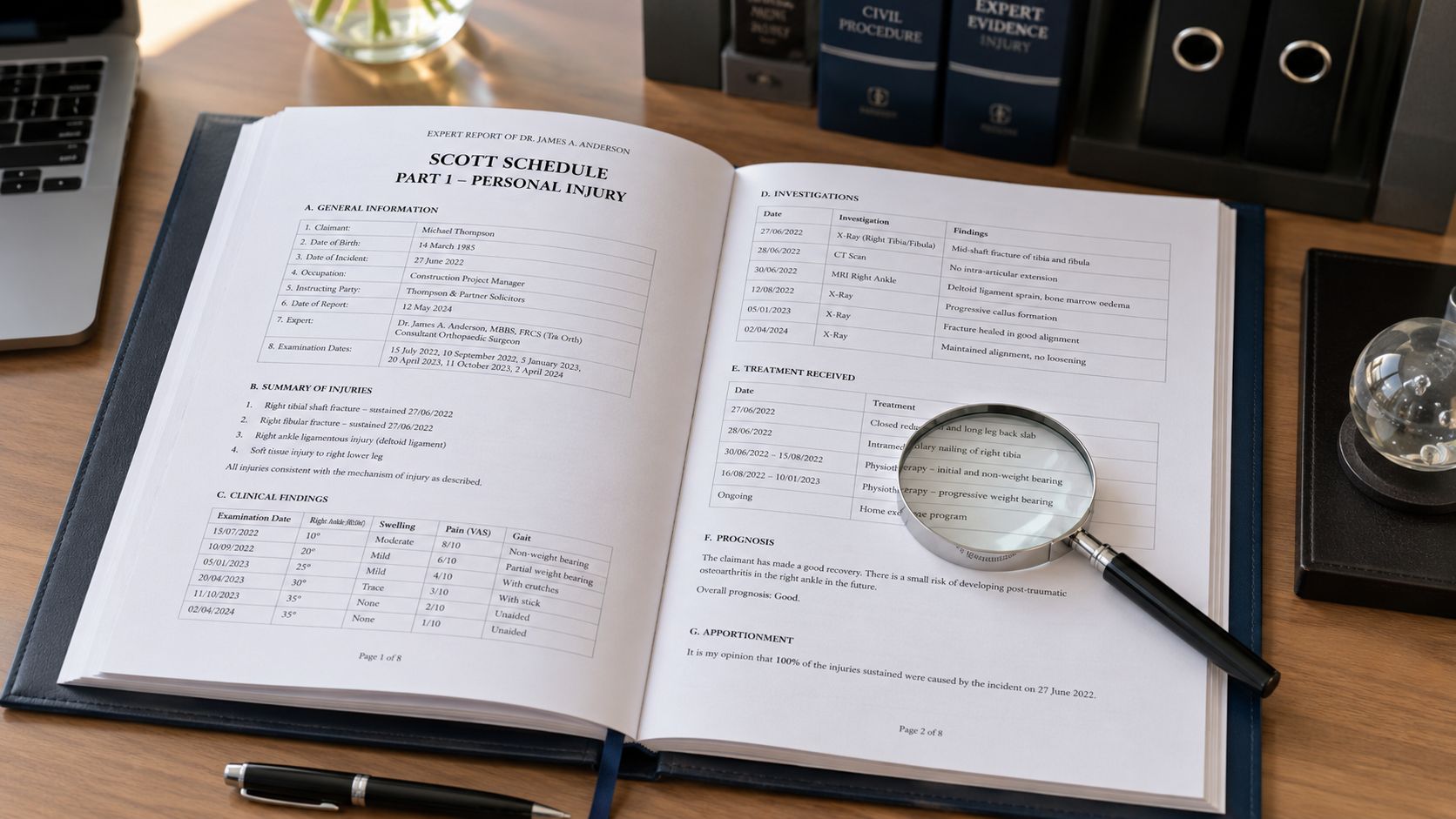 A professional medical expert report document resting on a wooden desk with a magnifying glass.