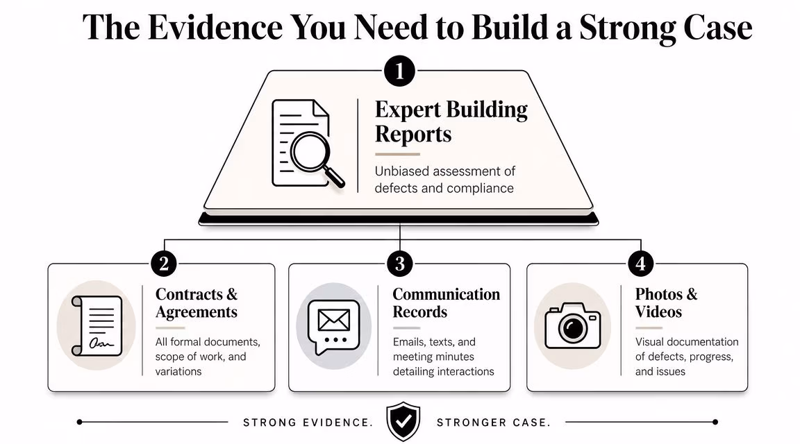 A diagram outlining the four essential types of evidence needed for building disputes in New South Wales.