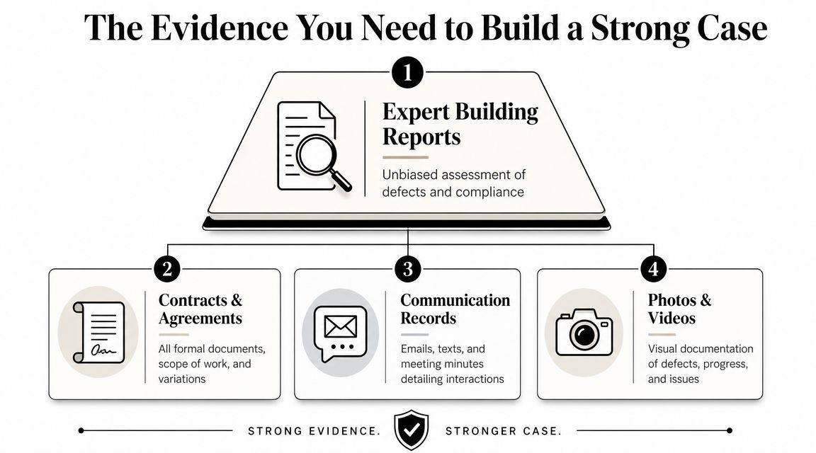A diagram outlining the four essential types of evidence needed for building disputes in New South Wales.