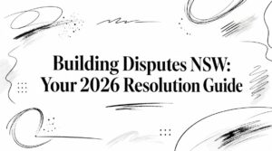 Banner reading 'Building Disputes NSW: Your 2026 Resolution Guide' with abstract black brush strokes and doodle art around a white background