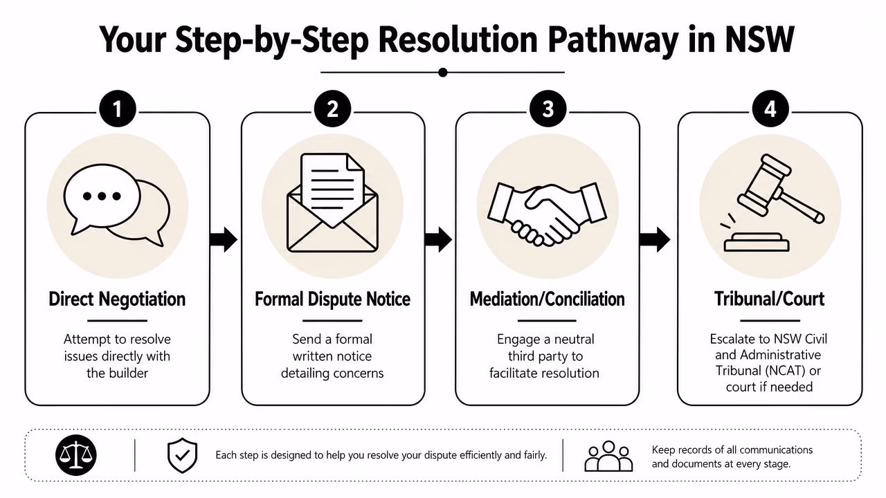 A four-step resolution pathway flowchart for resolving building disputes in New South Wales, Australia.