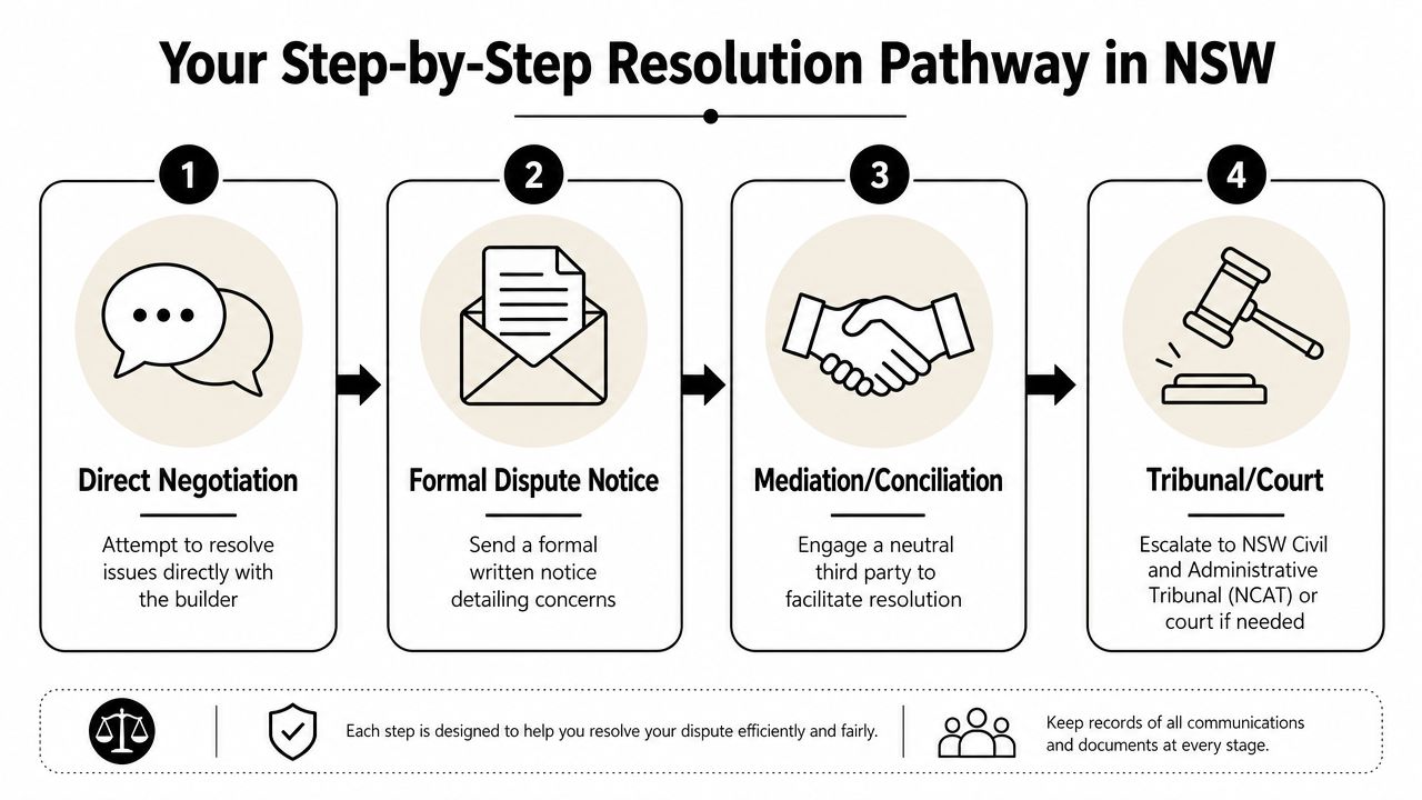 A four-step resolution pathway flowchart for resolving building disputes in New South Wales, Australia.