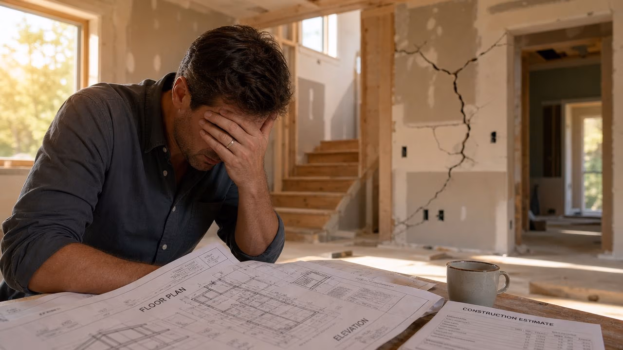 A distressed man sits at a desk with blueprints in a house undergoing major renovation and repairs.