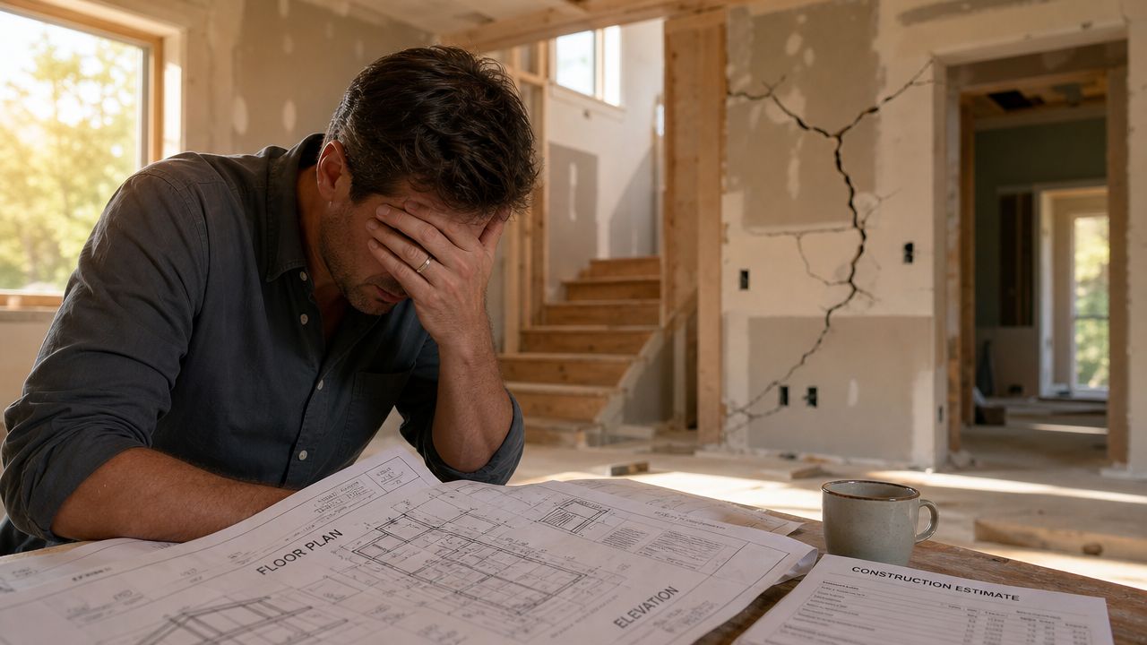 A distressed man sits at a desk with blueprints in a house undergoing major renovation and repairs.