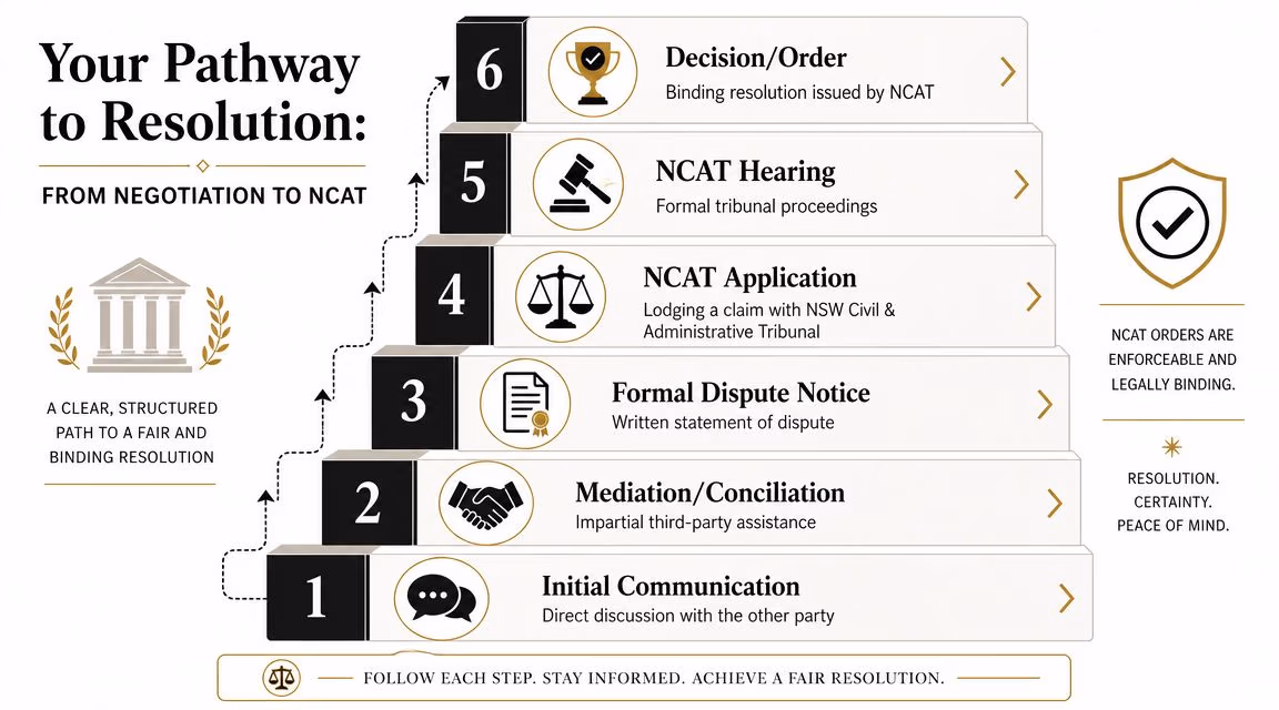 An infographic showing a six-step legal pathway from initial communication to NCAT decision for dispute resolution.