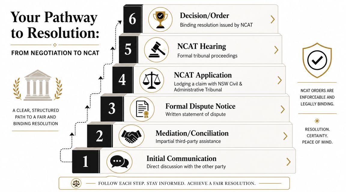An infographic showing a six-step legal pathway from initial communication to NCAT decision for dispute resolution.
