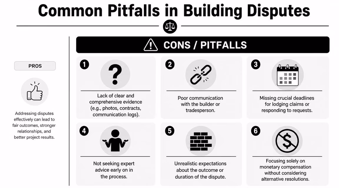 An infographic detailing common pitfalls to avoid when managing building disputes in construction projects.