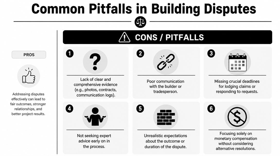An infographic detailing common pitfalls to avoid when managing building disputes in construction projects.