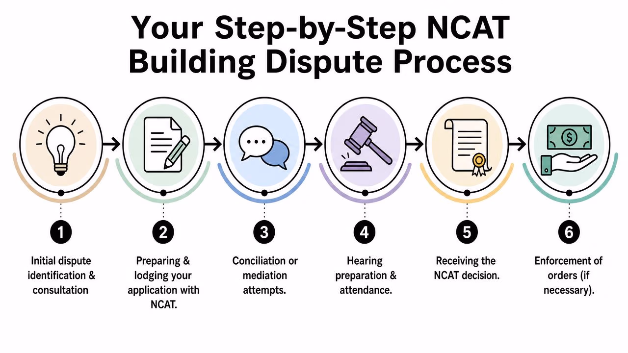 A flow chart outlining the six-step process for resolving a building dispute in the NCAT tribunal.