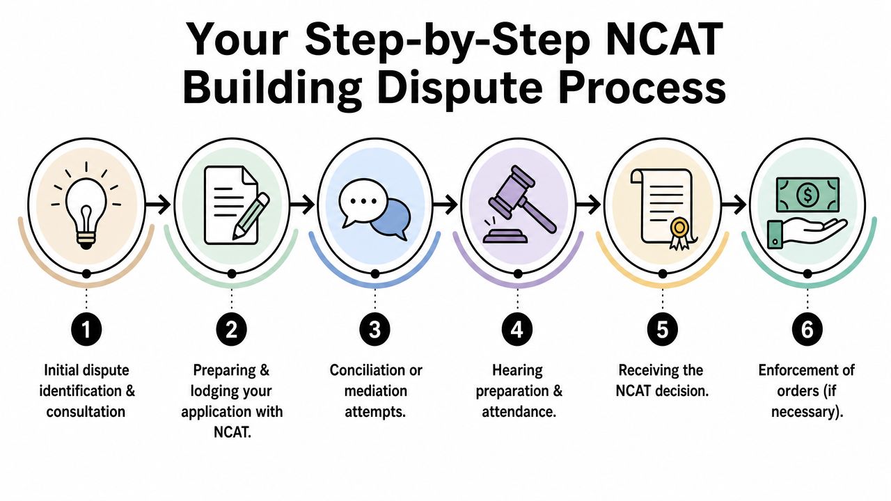 A flow chart outlining the six-step process for resolving a building dispute in the NCAT tribunal.
