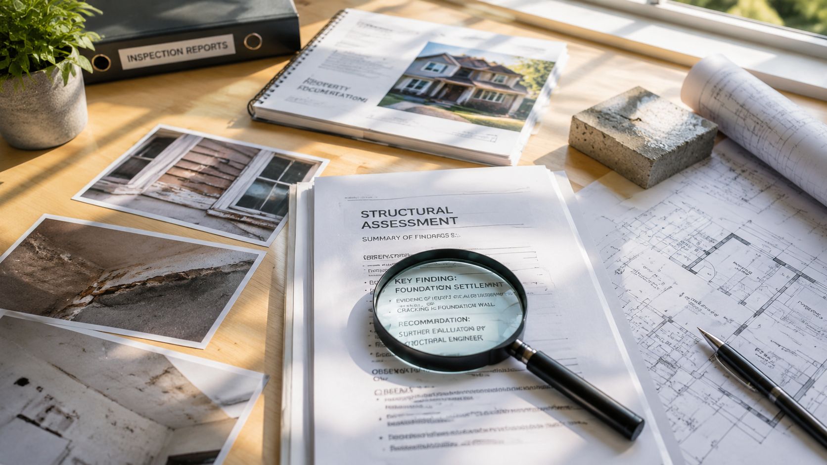 A structural assessment report with a magnifying glass on a desk with blueprints and inspection photographs.