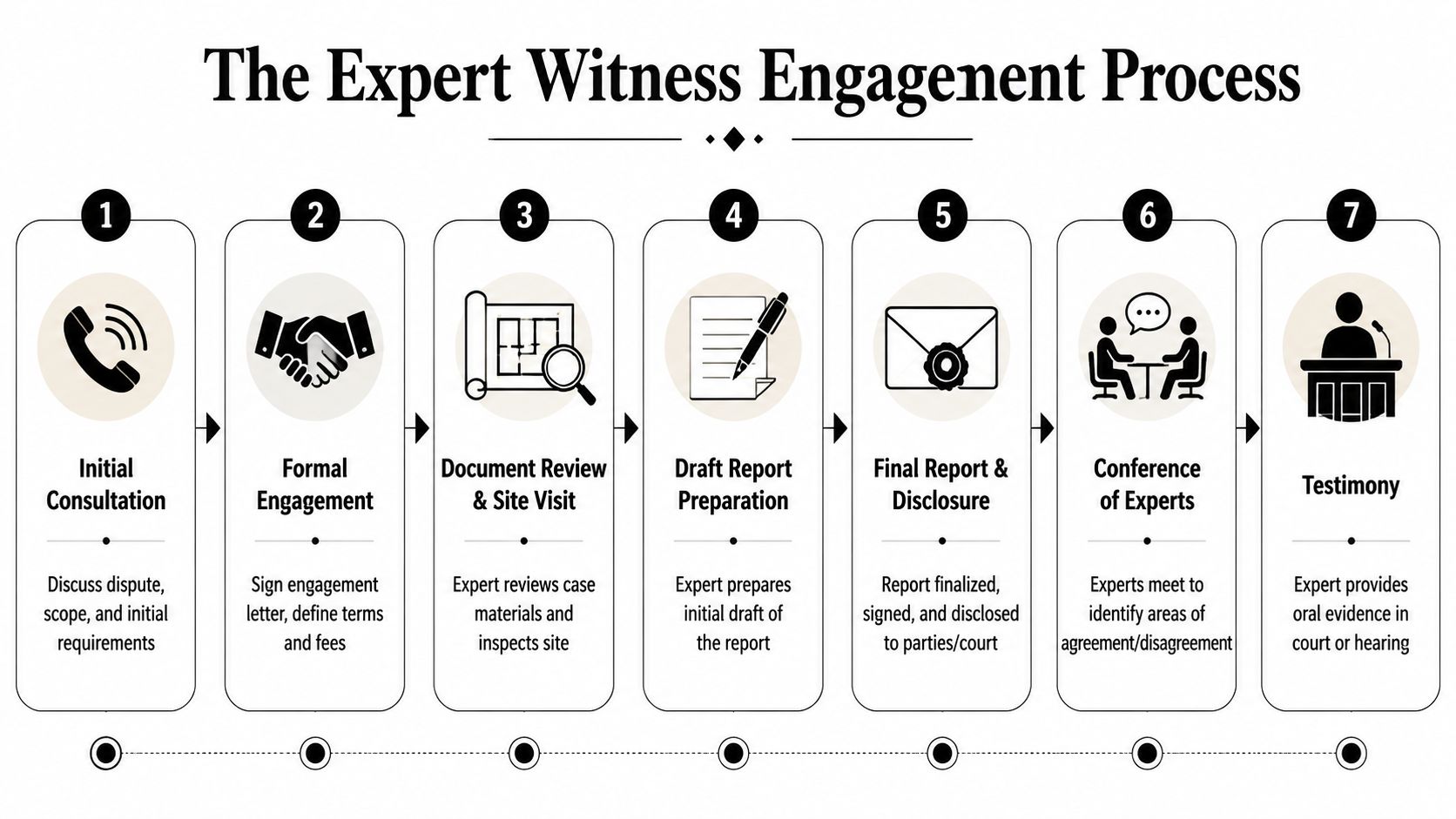 A diagram illustrating the seven-step expert witness engagement process in legal construction and litigation cases.
