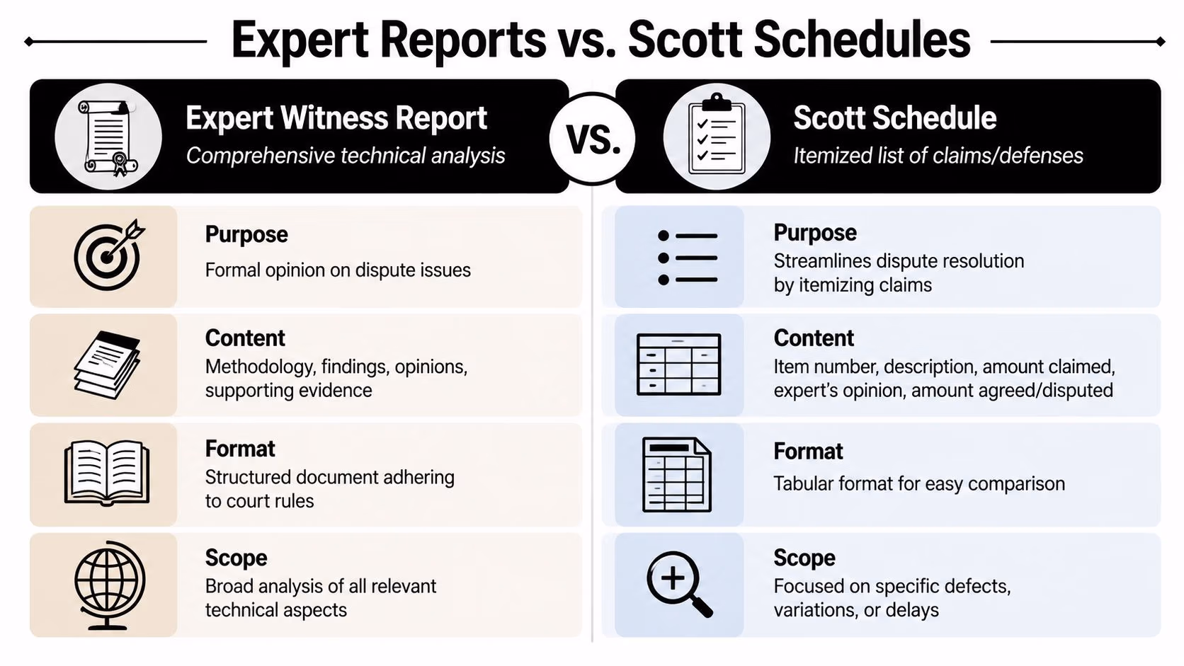 A comparison infographic between expert witness reports and Scott Schedules in construction legal disputes.