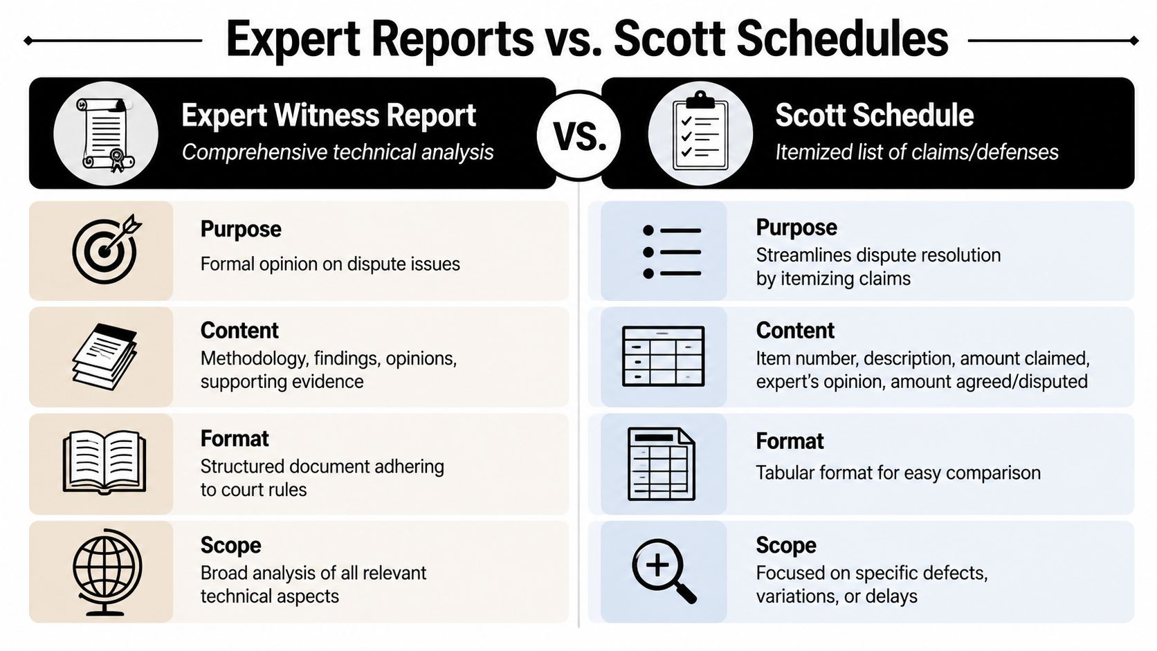 A comparison infographic between expert witness reports and Scott Schedules in construction legal disputes.
