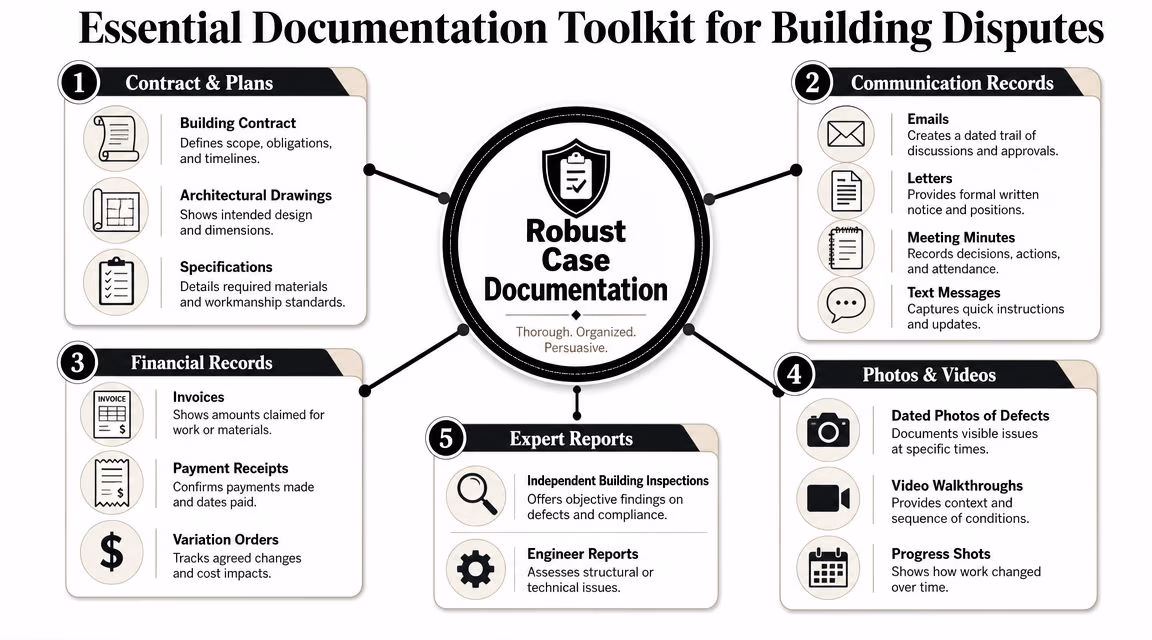 A visual guide outlining the five essential categories of documentation required for managing domestic building disputes effectively.