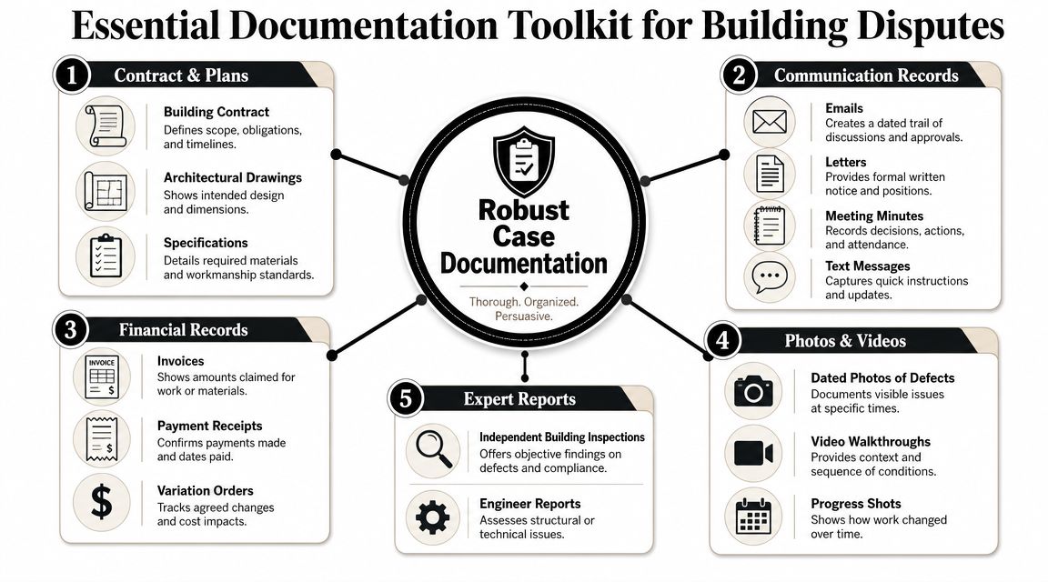 A visual guide outlining the five essential categories of documentation required for managing domestic building disputes effectively.
