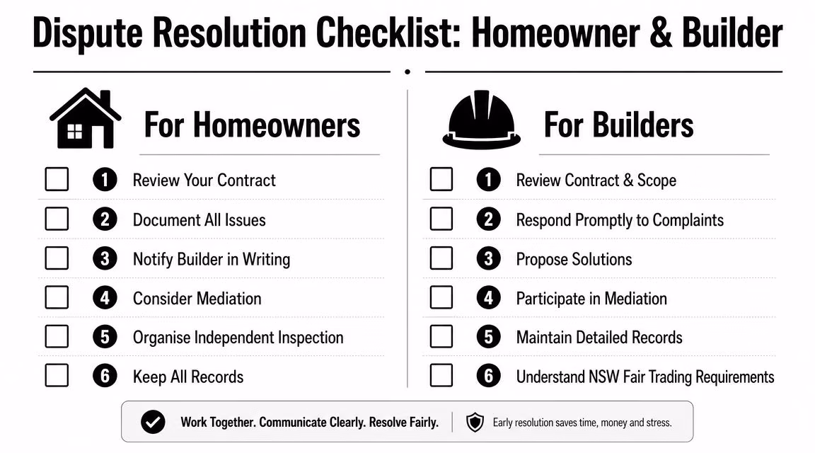 A dispute resolution checklist for homeowners and builders containing steps to resolve construction issues fairly.