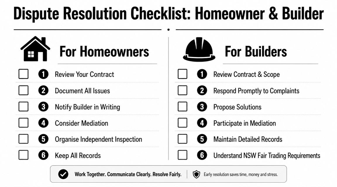 A dispute resolution checklist for homeowners and builders containing steps to resolve construction issues fairly.