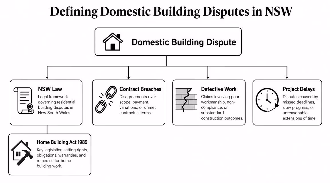 A flowchart explaining the key factors and legislation defining domestic building disputes in New South Wales.