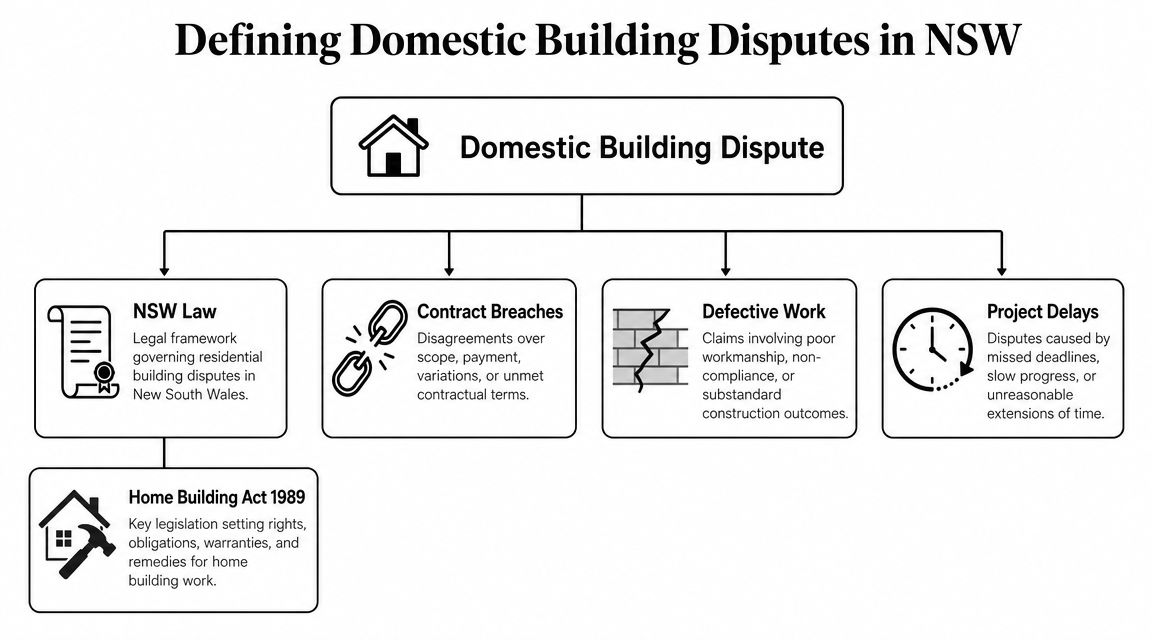A flowchart explaining the key factors and legislation defining domestic building disputes in New South Wales.