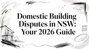 Cover image with bold title 'Domestic Building Disputes in NSW: Your 2026 Guide' and a sketch of a house on the left.