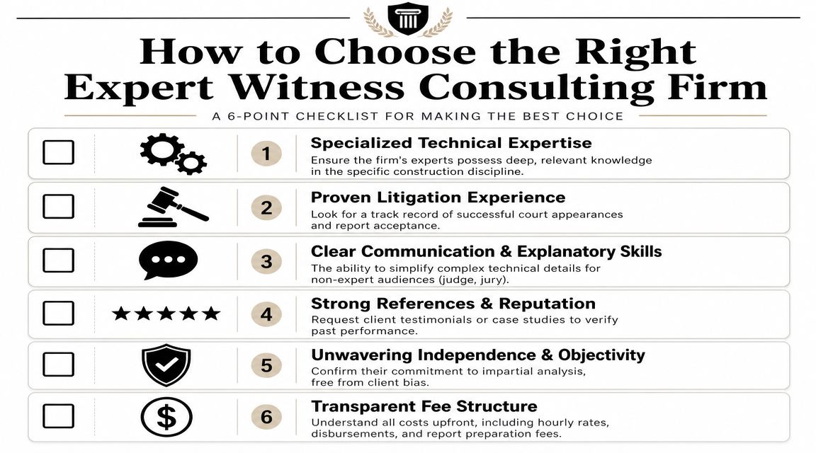 A checklist of six essential criteria for selecting the right expert witness consulting firm for construction projects.