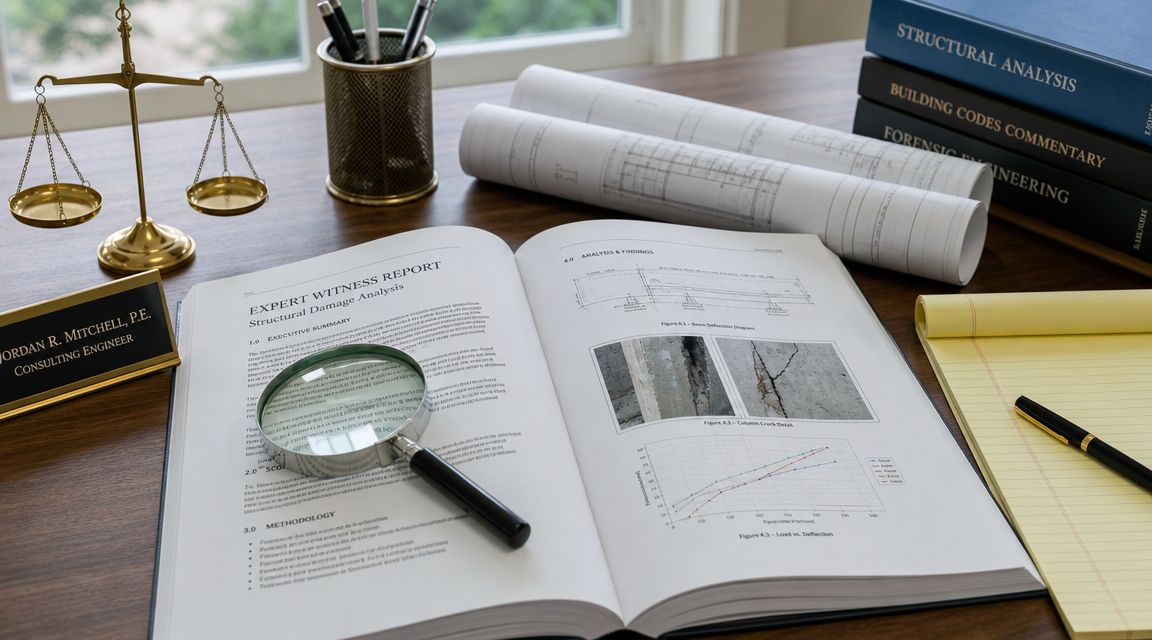A professional desk featuring an expert witness report, structural engineering books, blueprints, and a magnifying glass.