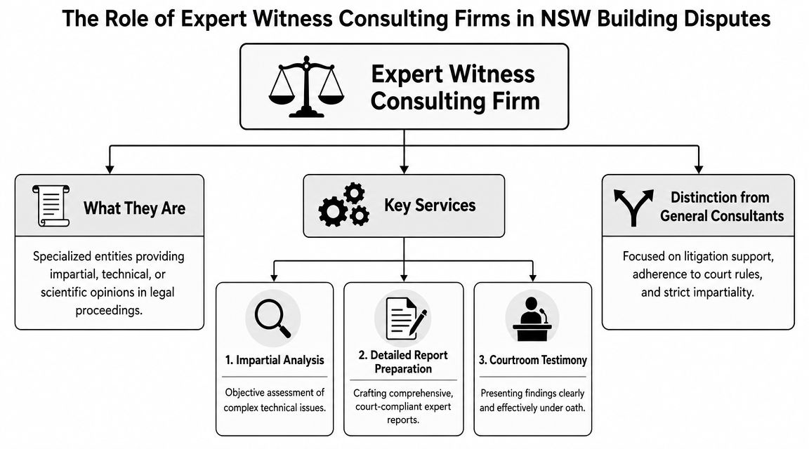 An infographic detailing the role, key services, and distinct nature of expert witness consulting firms in construction.