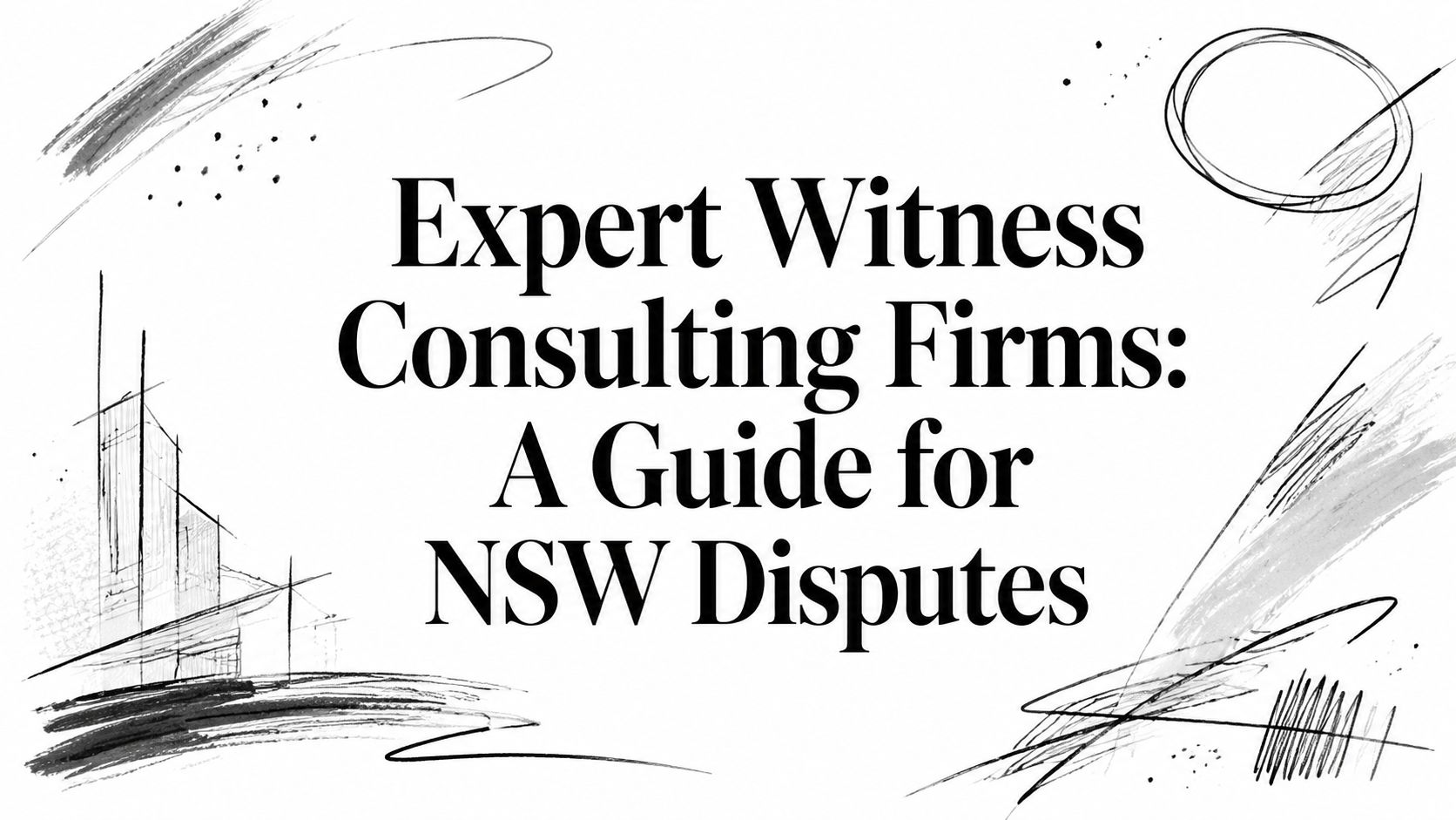 Title card: 'Expert Witness Consulting Firms: A Guide for NSW Disputes' with abstract black sketch marks around the edges.