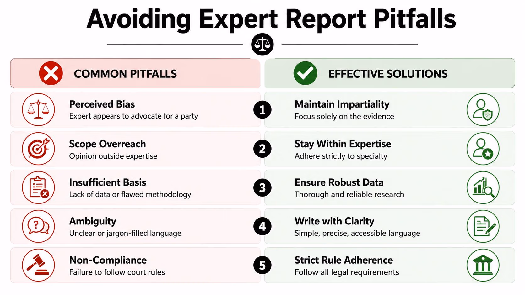 A chart comparing common pitfalls to avoid and effective solutions for writing professional expert witness reports.