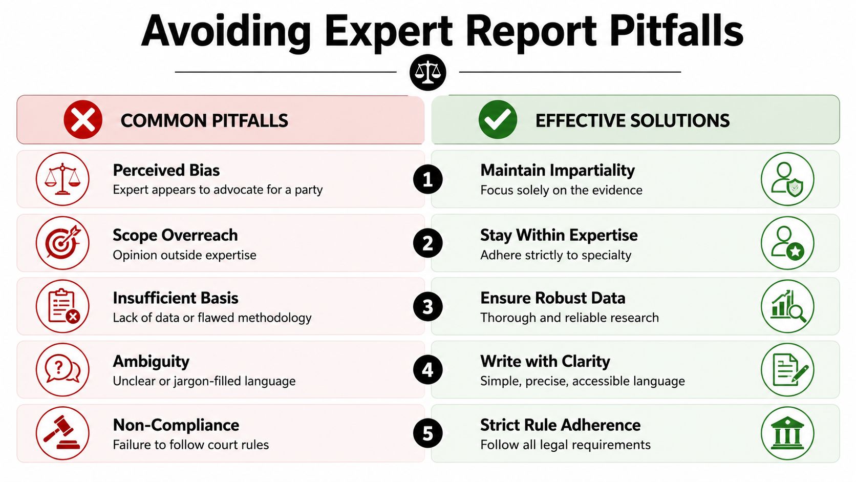 A chart comparing common pitfalls to avoid and effective solutions for writing professional expert witness reports.