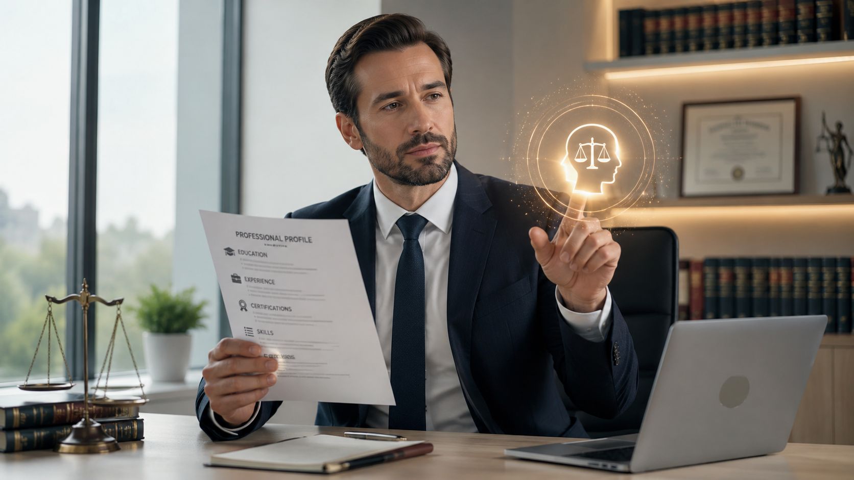 A professional lawyer reviewing a profile document while interacting with a digital holographic scale of justice icon.