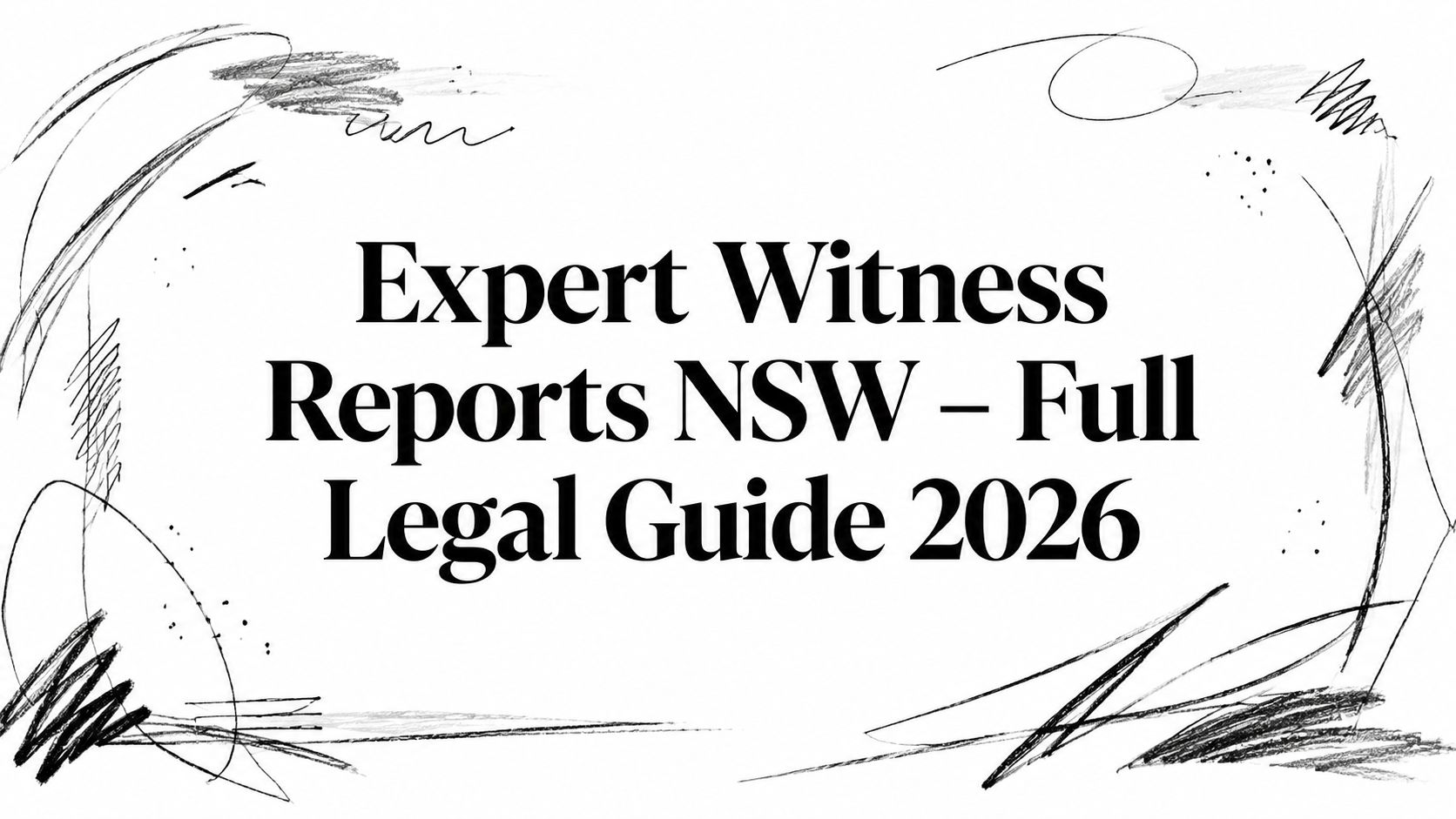 Cover with the title 'Expert Witness Reports NSW - Full Legal Guide 2026' framed by abstract black sketches